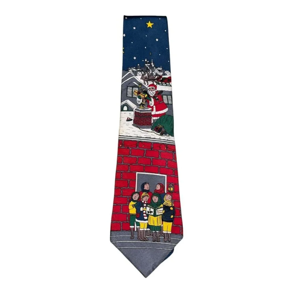 Vintage Dillards Mens Necktie 100% Silk Tie Christmas Santa Claus Bricks Caroler